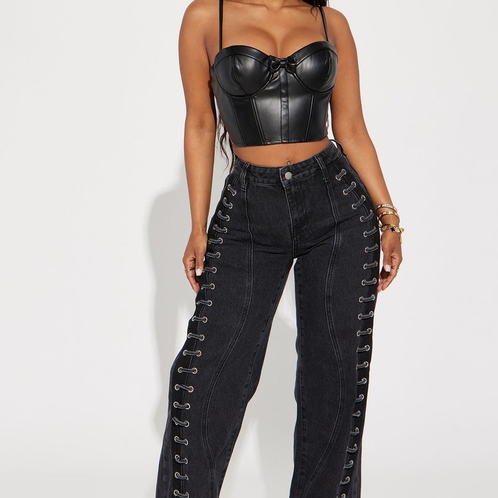 Black Faux Leather Bustier Crop Top and Lace-Up Black Jeans Set